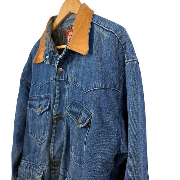 Most Wanted 100% Cotton Denim Leather Collar Barn Chore Field Jacket Coat sz L - Picture 10 of 16
